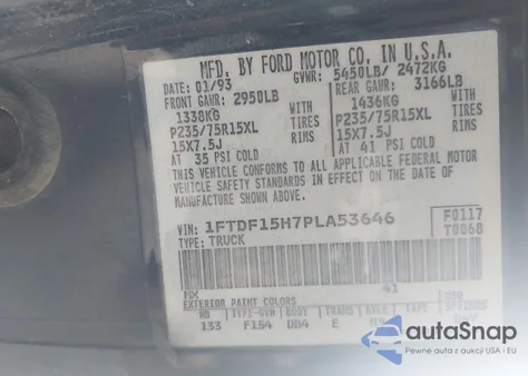 1993 Ford F150 z USA, uszkodzony, nr VIN 1FTDF15H7PLA53646